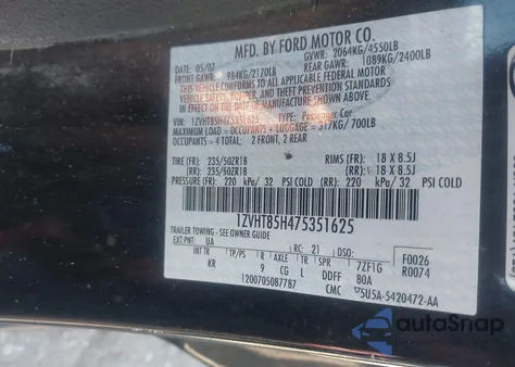 2007 Ford Mustang Gt Deluxe/Gt Premium из США, поврежденный, VIN 1ZVHT85H475351625